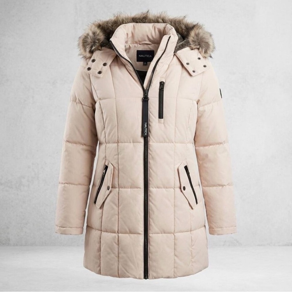 Nautica Women's Beige Puffer Jacket with Faux Fur Trim